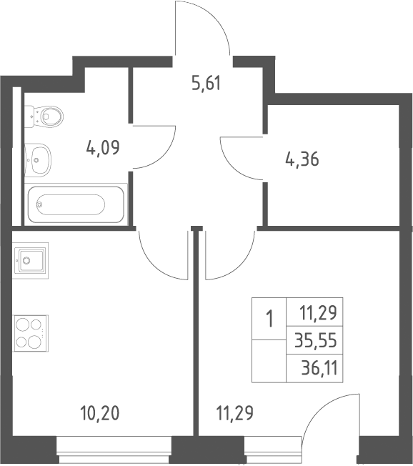 Планировка однокомнатная 35.54 м² в ЖК «Новое Видное», корпус 18.1