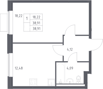 Планировка однокомнатная 38.91 м² в ЖК «Новое Видное», корпус 18.1