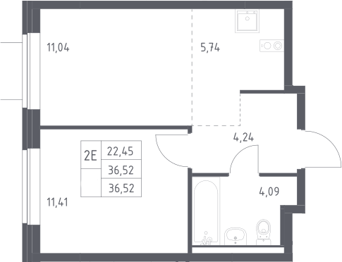 Планировка евродвушка (2Е) 36.52 м² в ЖК «Новое Видное», корпус 14.2