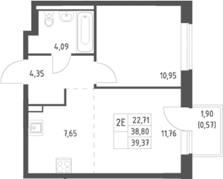 Планировка евродвушка (2Е) 39.37 м² в ЖК «Новое Видное», корпус 18.1