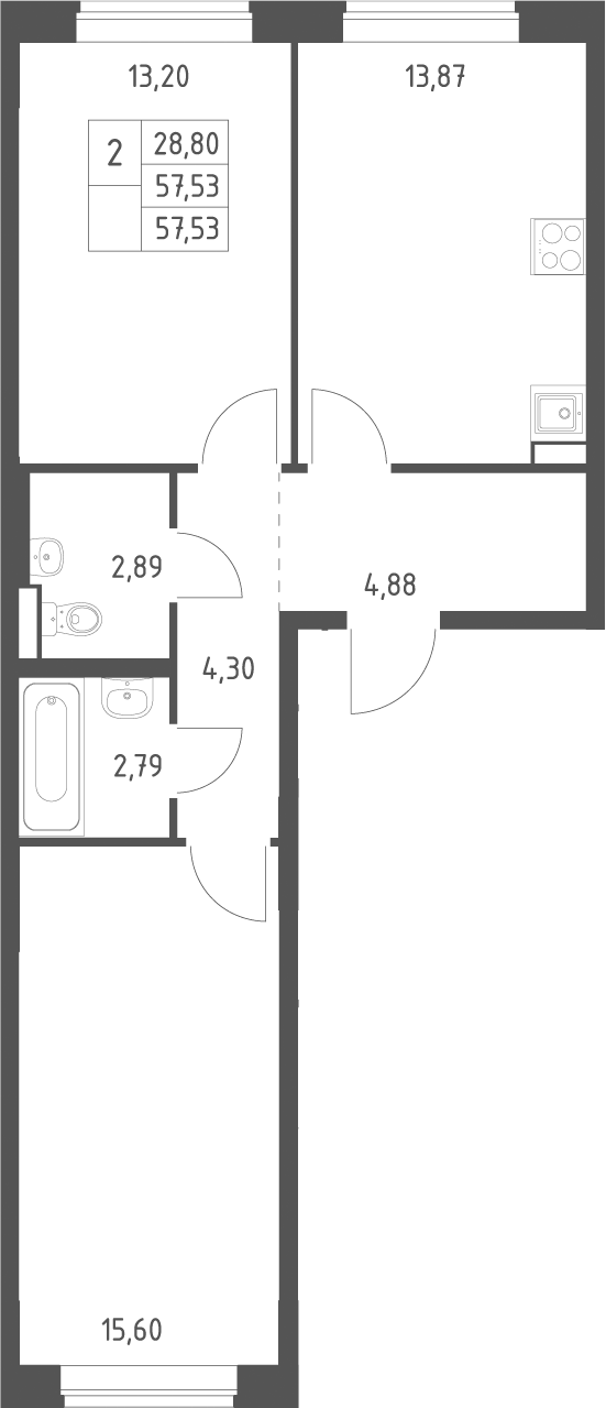 Планировка двухкомнатная 57.53 м² в ЖК «Новое Видное», корпус 18.1