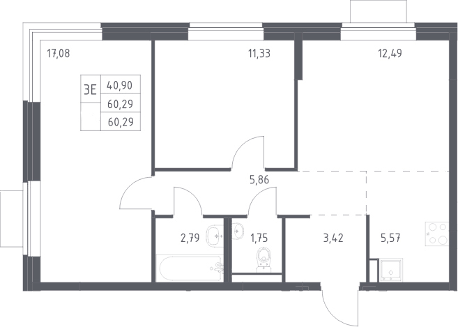 Планировка евротрёшка (3Е) 60.29 м² в ЖК «Новое Видное», корпус 14.1