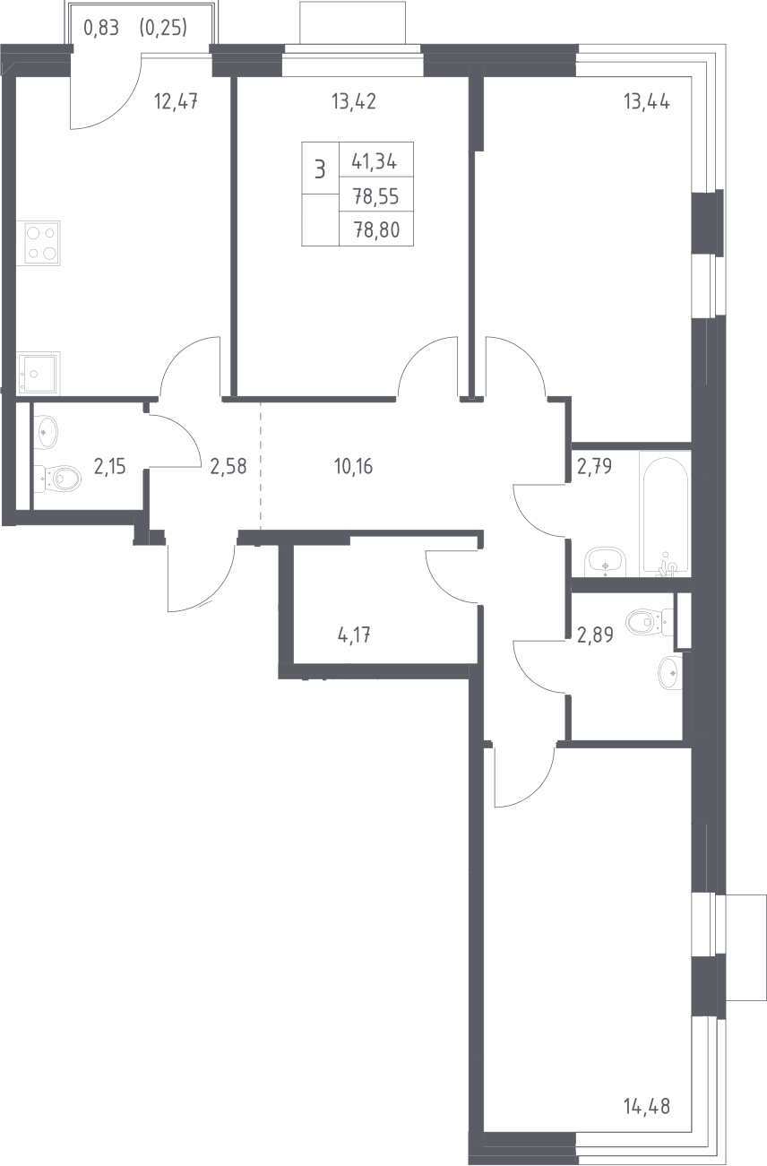 Планировка трёхкомнатная 78.8 м² в ЖК «Новое Видное», корпус 18.1
