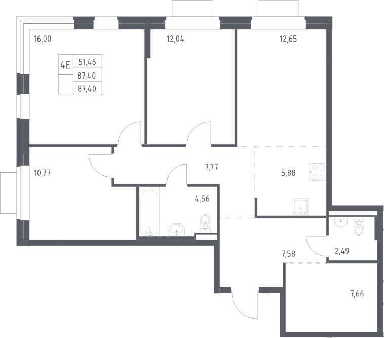 Планировка евро-4 (4Е) 87.4 м² в ЖК «Новое Видное», корпус 14.2
