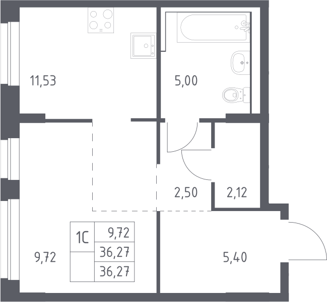 Планировка однокомнатная 36.27 м² в ЖК «Новое Внуково», корпус 30