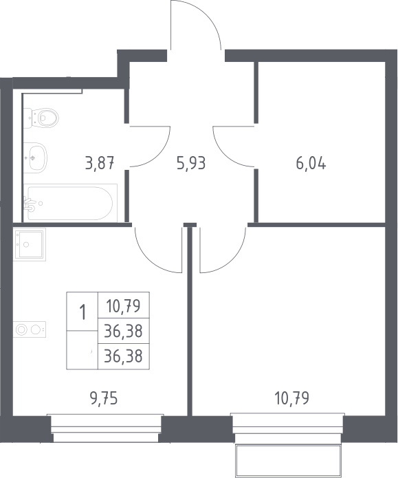 Планировка однокомнатная 36.38 м² в ЖК «Новое Внуково», корпус 29