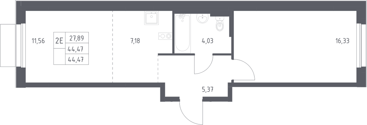 Планировка евродвушка (2Е) 44.47 м² в ЖК «Новое Внуково», корпус 32