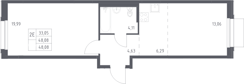 Планировка евродвушка (2Е) 48.08 м² в ЖК «Новое Внуково», корпус 31