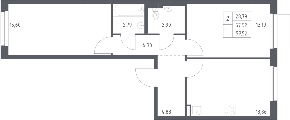Планировка двухкомнатная 57.52 м² в ЖК «Новое Внуково», корпус 32