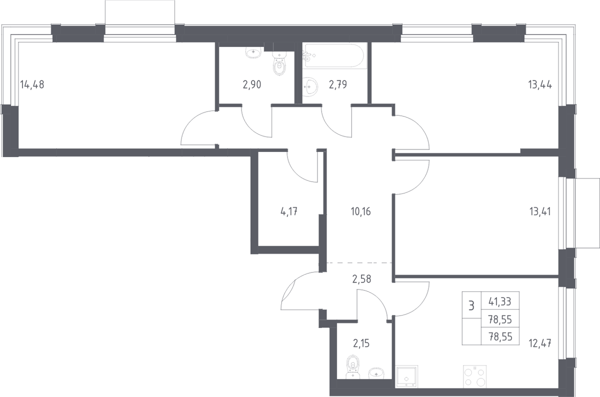 Планировка трёхкомнатная 78.55 м² в ЖК «Новое Внуково», корпус 32