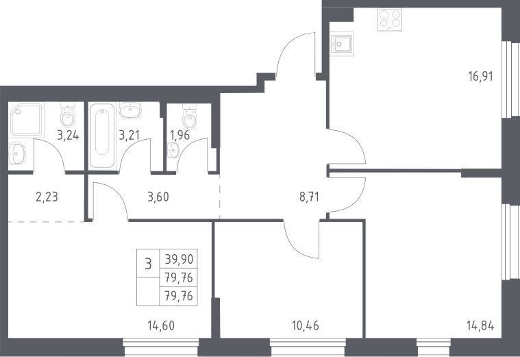 Планировка трёхкомнатная 79.76 м² в ЖК «Новое Внуково», корпус 34