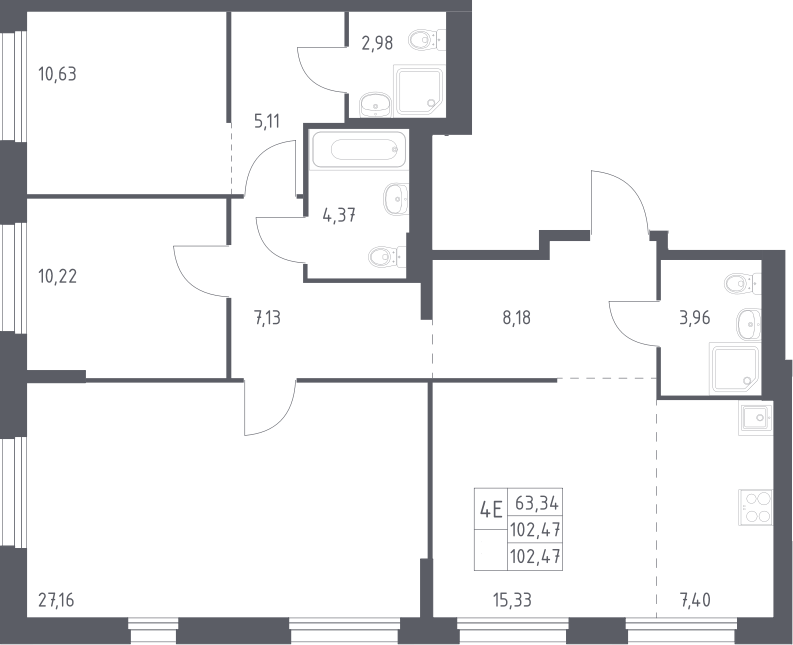 Планировка евро-4 (4Е) 102.47 м² в ЖК «Новое Внуково», корпус 34