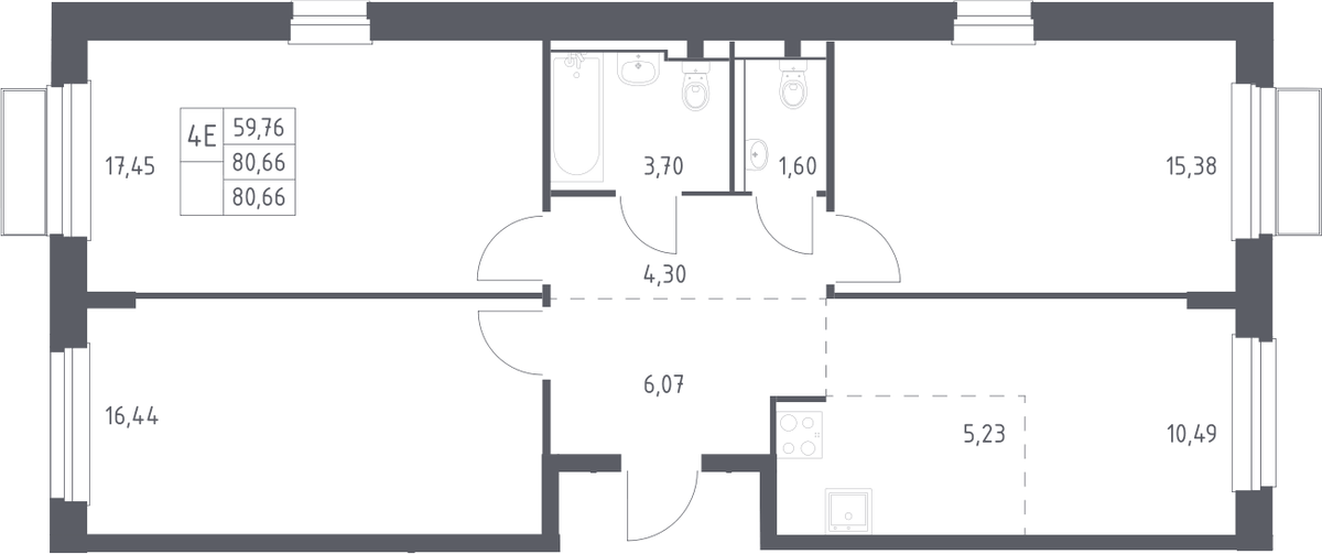 Планировка евро-4 (4Е) 80.7 м² в ЖК «Новое Внуково», корпус 29