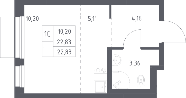 Планировка Студии 22.83 м² в ЖК «Новое Внуково», корпус 32