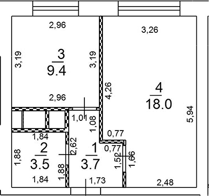 Планировка однокомнатная 34.6 м² в ЖК «Новое Замитино», корпус Луговая 11