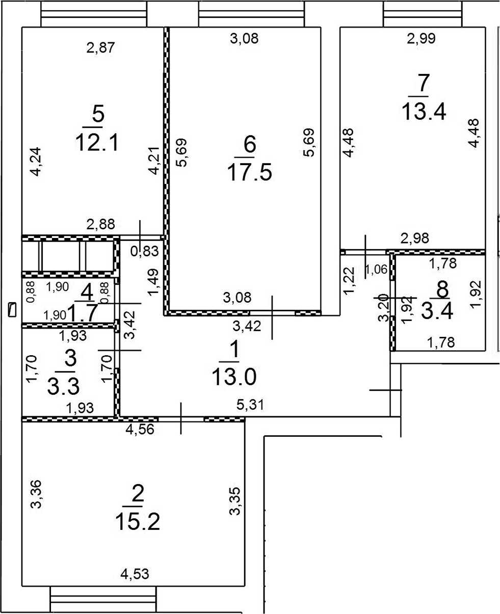 Планировка трёхкомнатная 79.6 м² в ЖК «Новое Замитино», корпус Садовая 18