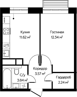 Планировка однокомнатная 33.61 м² в ЖК «Новоград Павлино», корпус 6