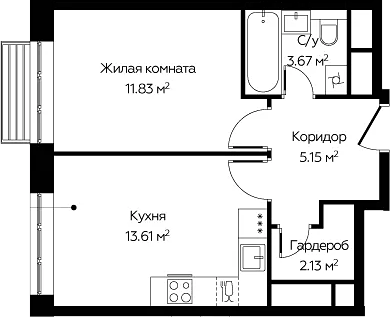 Планировка однокомнатная 36.39 м² в ЖК «Новоград Павлино», корпус 6