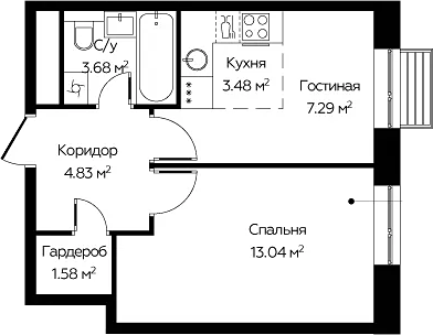 Планировка евродвушка (2Е) 33.9 м² в ЖК «Новоград Павлино», корпус 6