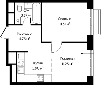 Планировка евродвушка (2Е) 36.89 м² в ЖК «Новоград Павлино», корпус 6