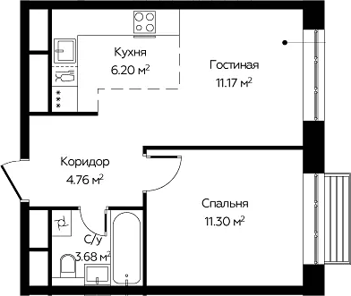 Планировка евродвушка (2Е) 37.11 м² в ЖК «Новоград Павлино», корпус 6