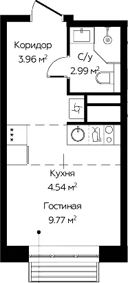 Планировка Студии 21.26 м² в ЖК «Новоград Павлино», корпус 6
