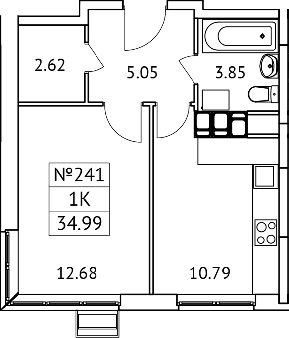 Планировка однокомнатная 34.99 м² в ЖК «Новотомилино», корпус 6