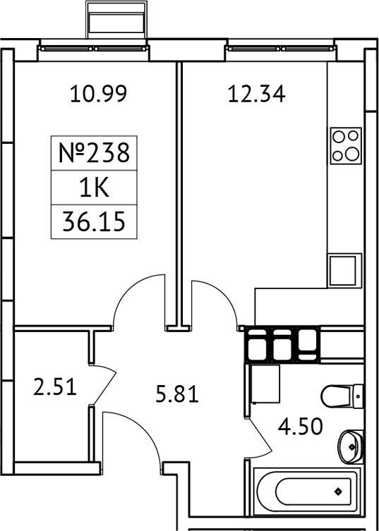 Планировка однокомнатная 36.15 м² в ЖК «Новотомилино», корпус 6