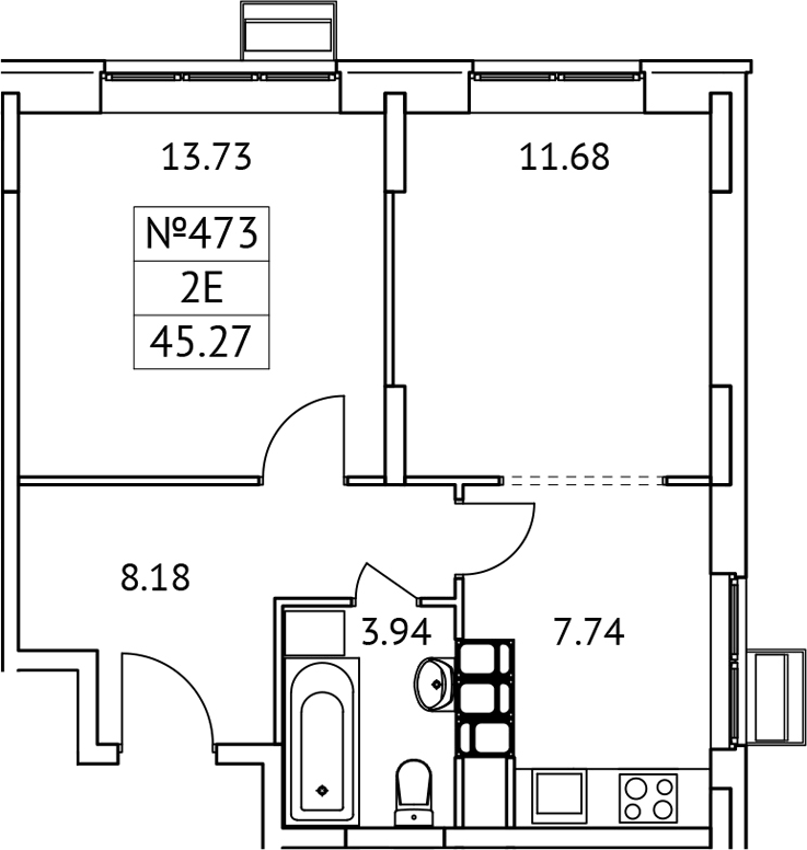 Планировка евродвушка (2Е) 45.27 м² в ЖК «Новотомилино», корпус 5