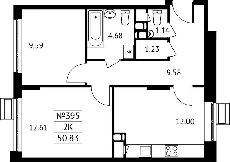 Планировка двухкомнатная 50.83 м² в ЖК «Новотомилино», корпус 7