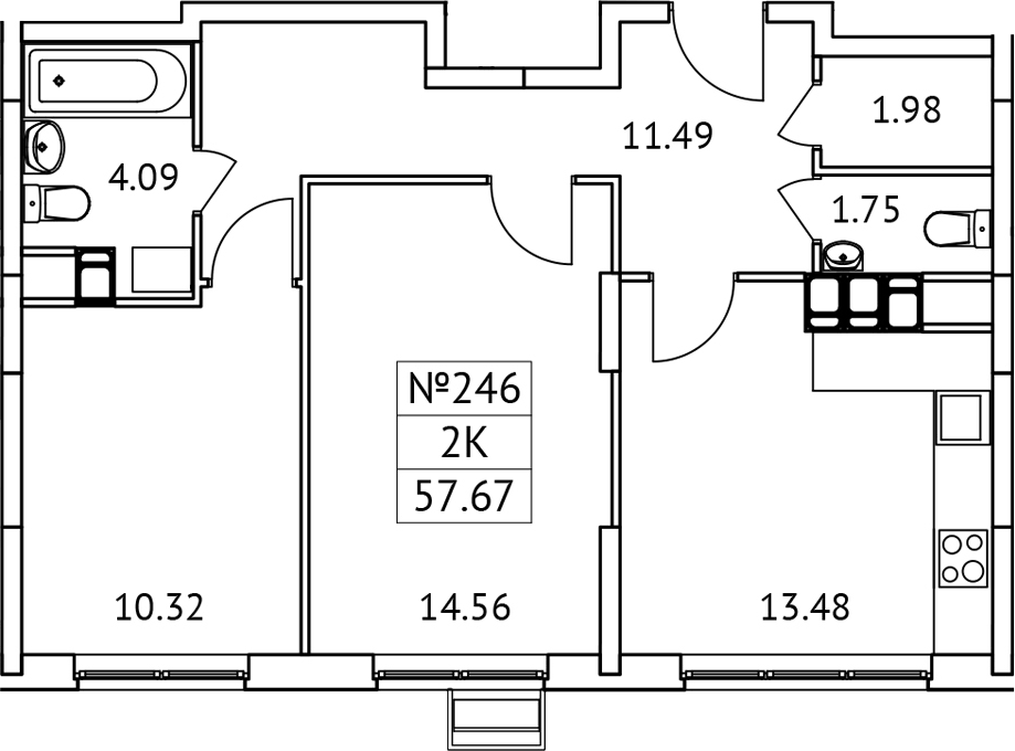 Планировка двухкомнатная 57.67 м² в ЖК «Новотомилино», корпус 6