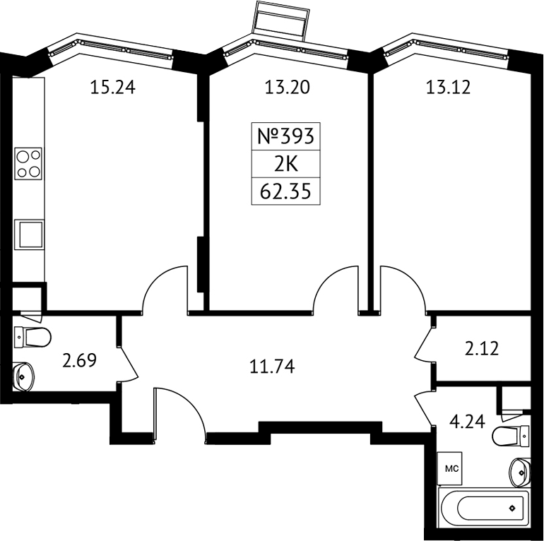 Планировка двухкомнатная 62.35 м² в ЖК «Новотомилино», корпус 7
