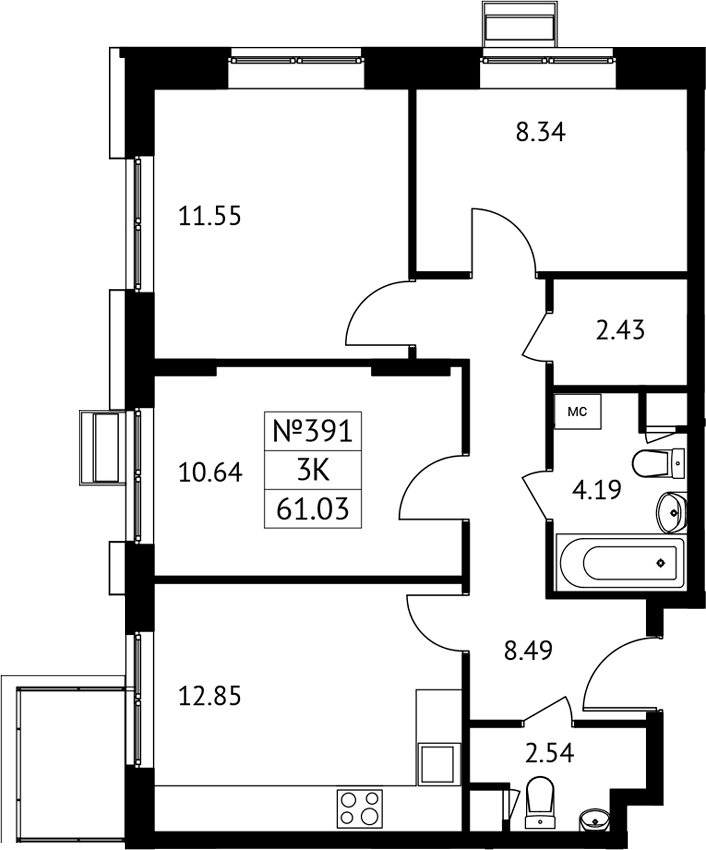 Планировка трёхкомнатная 61.03 м² в ЖК «Новотомилино», корпус 7