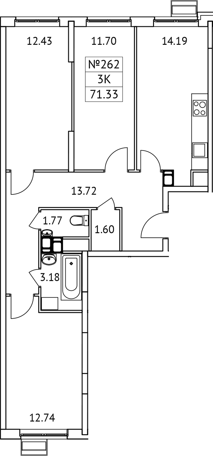 Планировка трёхкомнатная 71.33 м² в ЖК «Новотомилино», корпус 5