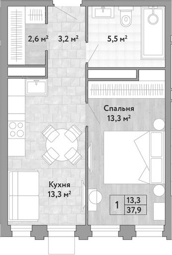 Планировка однокомнатная 37.9 м² в ЖК «Новые Смыслы», корпус 2