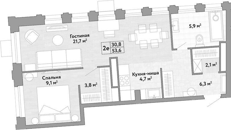 Планировка евродвушка (2Е) 53.6 м² в ЖК «Новые Смыслы», корпус 1