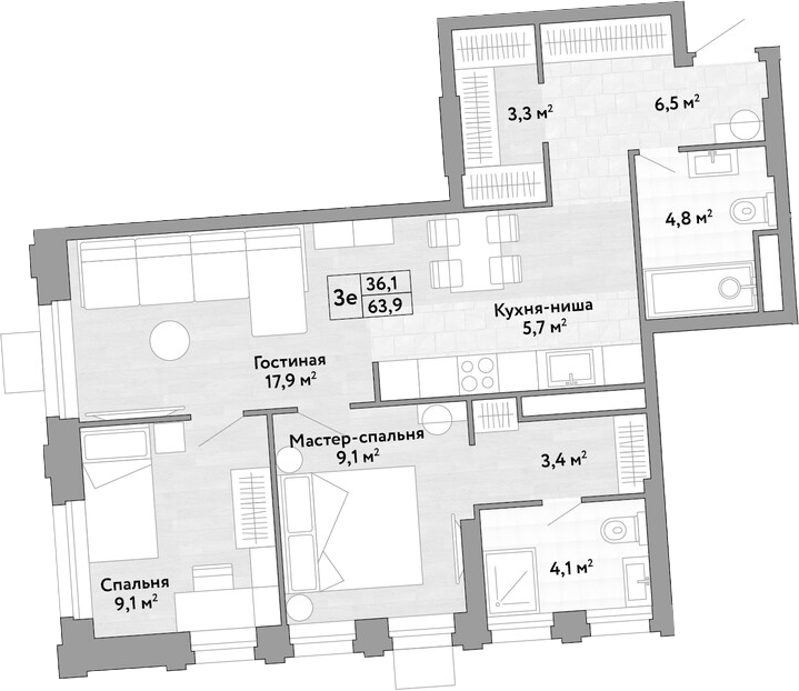Планировка евротрёшка (3Е) 63.9 м² в ЖК «Новые Смыслы», корпус 1
