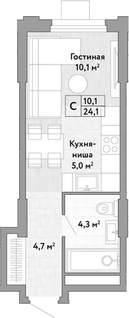 Планировка Студии 24.1 м² в ЖК «Новые Смыслы», корпус 2