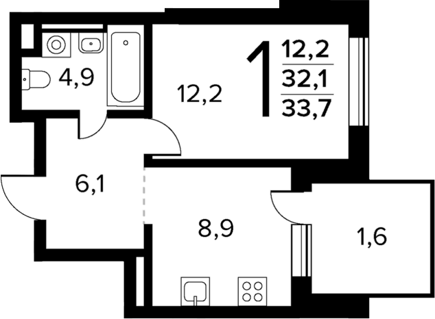 Планировка однокомнатная 33.7 м² в ЖК «Новые Ватутинки Квартал у реки», корпус 6/5