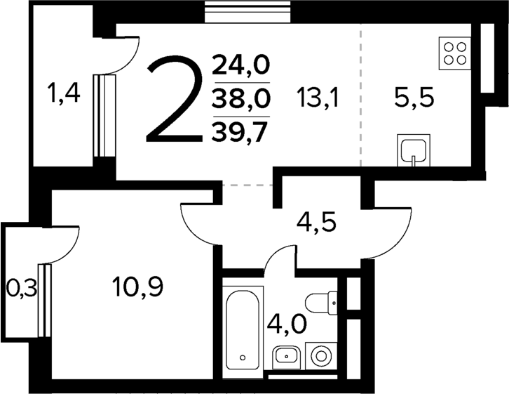 Планировка евродвушка (2Е) 39.7 м² в ЖК «Новые Ватутинки Квартал у реки», корпус 6/1