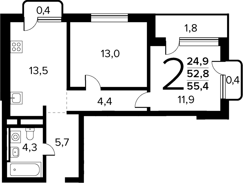 Планировка двухкомнатная 55.4 м² в ЖК «Новые Ватутинки Квартал у реки», корпус 6/5