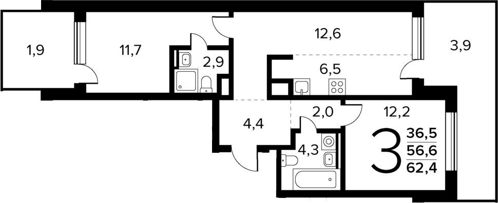 Планировка евротрёшка (3Е) 62.4 м² в ЖК «Новые Ватутинки Квартал у реки», корпус 6/4