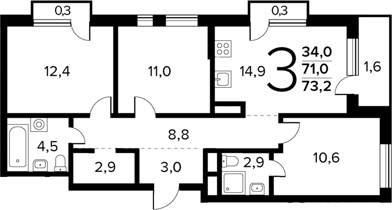 Планировка трёхкомнатная 73.2 м² в ЖК «Новые Ватутинки Квартал у реки», корпус 6/1