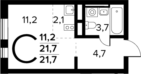 Планировка Студии 21.7 м² в ЖК «Новые Ватутинки Квартал у реки», корпус 6/3