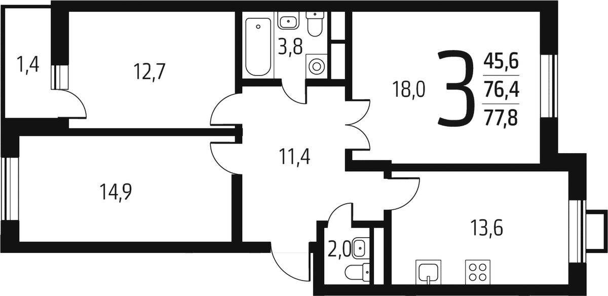 Планировка трёхкомнатная 77.8 м² в ЖК «Новые Ватутинки Заречный», корпус 5/3