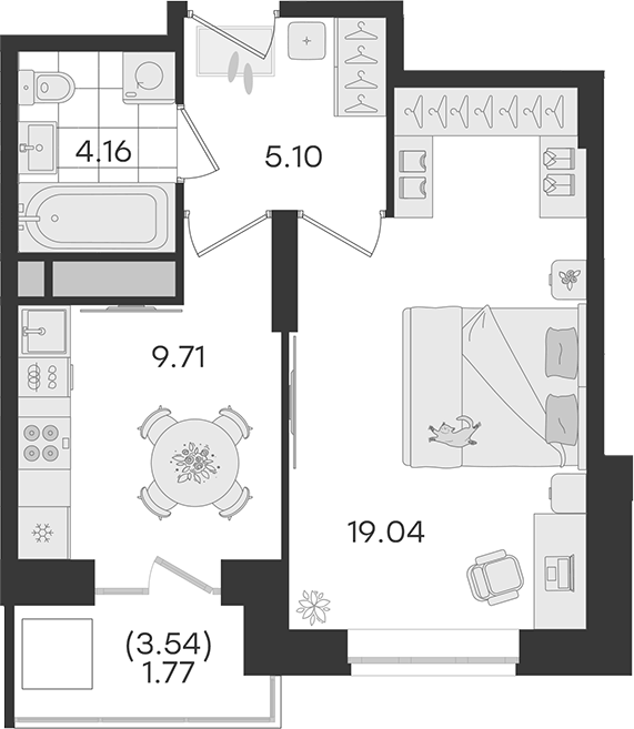 Планировка однокомнатная 39.78 м² в ЖК «Новый Весенний », корпус 1