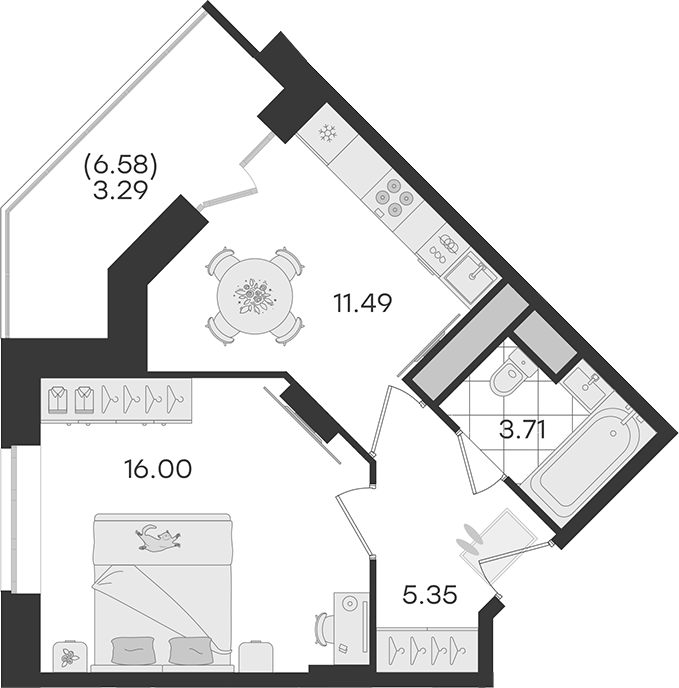Планировка однокомнатная 39.84 м² в ЖК «Новый Весенний », корпус 1