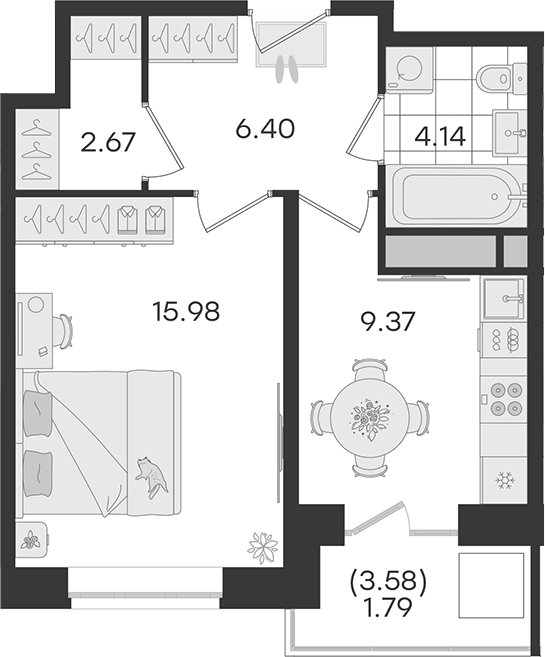 Планировка однокомнатная 40.35 м² в ЖК «Новый Весенний », корпус 1