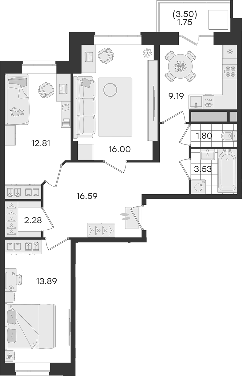 Планировка трёхкомнатная 77.84 м² в ЖК «Новый Весенний », корпус 1