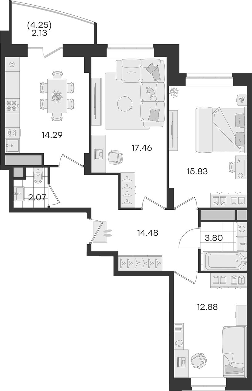 Планировка трёхкомнатная 82.94 м² в ЖК «Новый Весенний », корпус 1